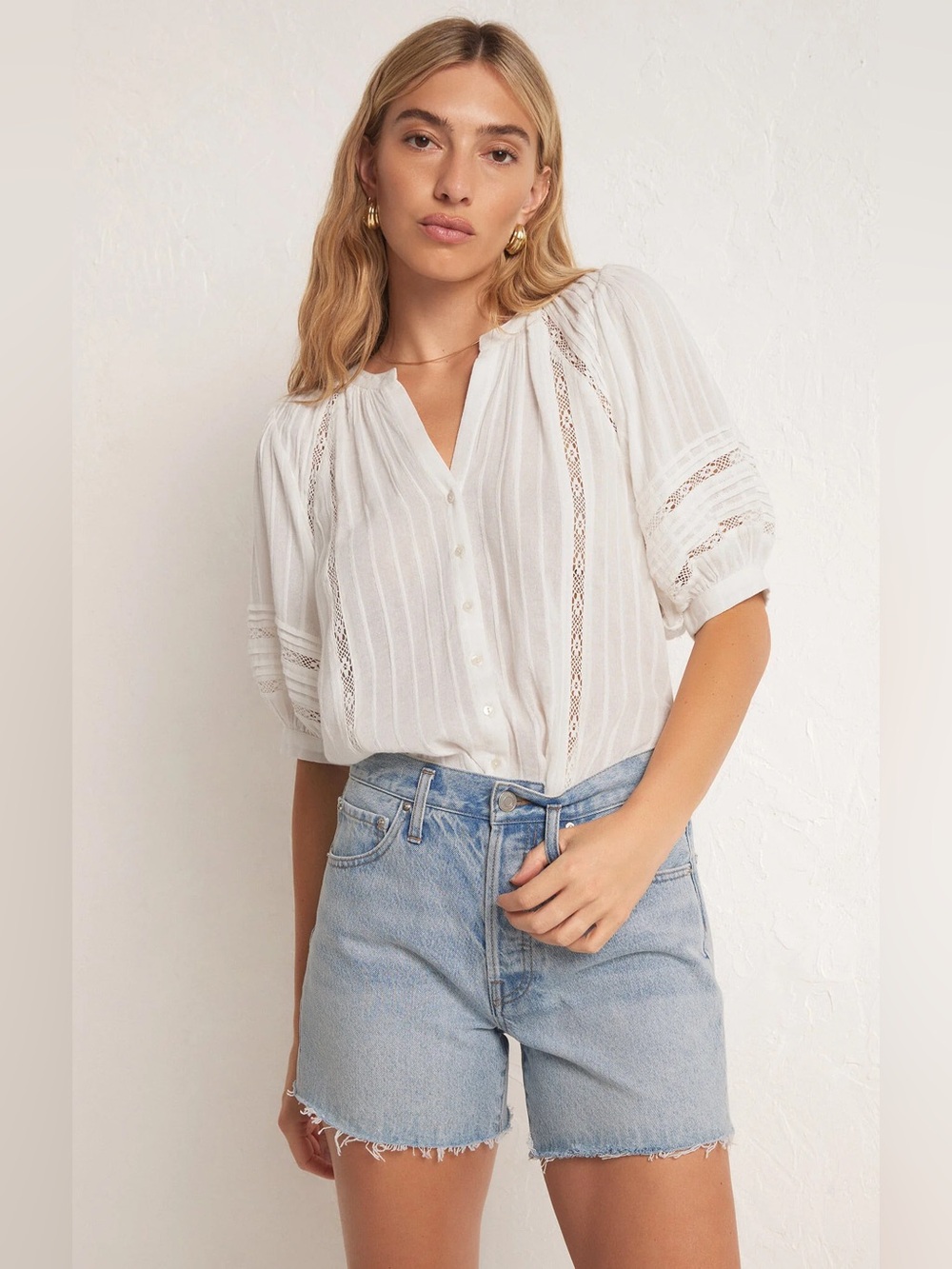 Z Supply Elliot Lace Inset Top White Blouse Pintuck V-neck Button Front Small